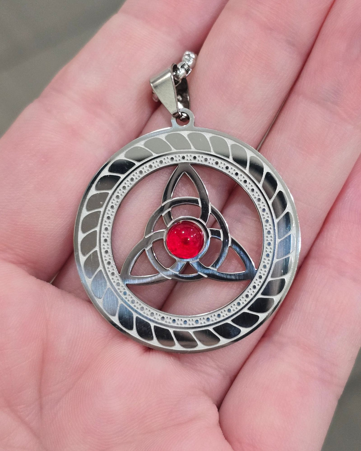 Celtic Triquetra Necklace Stainless Steel Red Cabochon Trinity Pendant 20"