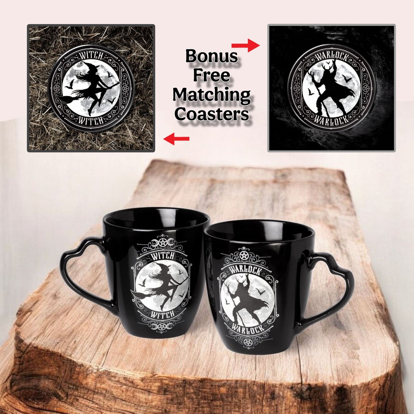 Witch & Warlock Black China Mug Set W/ Matching Coasters Moon & Bat Design -  - Cups