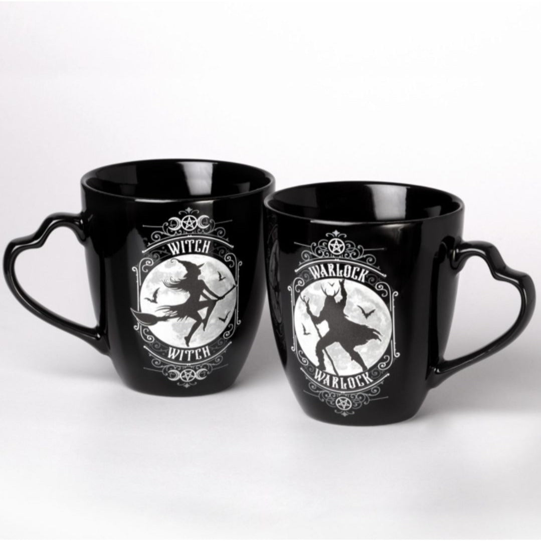 Witch & Warlock Black China Mug Set W/ Matching Coasters Moon & Bat Design -  - Cups