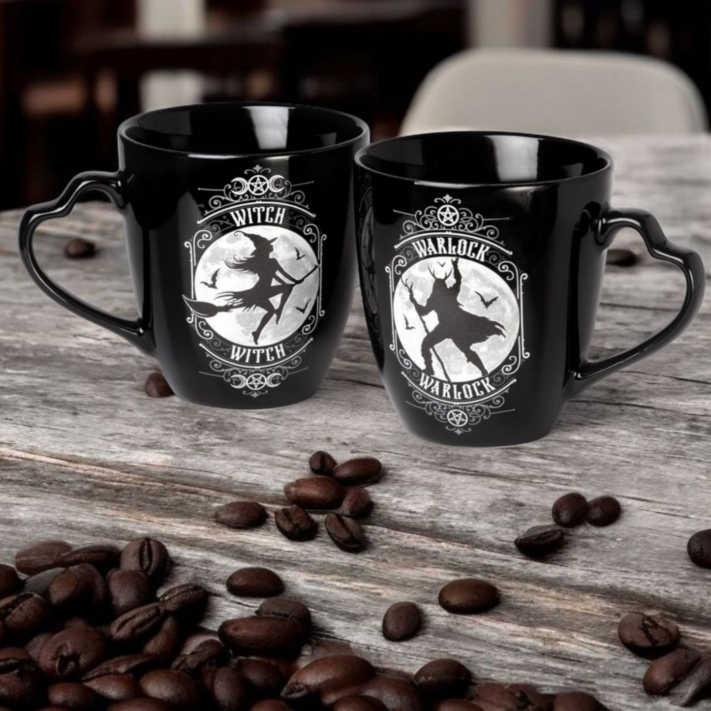 Witch & Warlock Black China Mug Set W/ Matching Coasters Moon & Bat Design -  - Cups