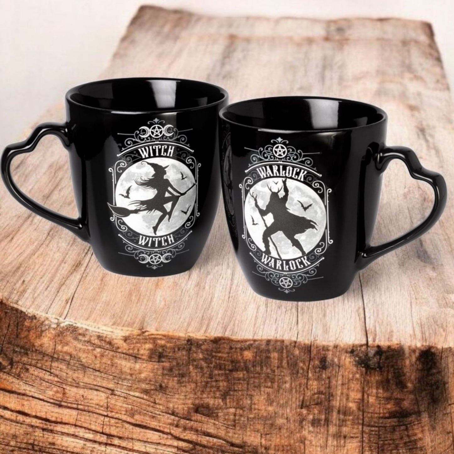 Witch & Warlock Black China Mug Set W/ Matching Coasters Moon & Bat Design -  - Cups