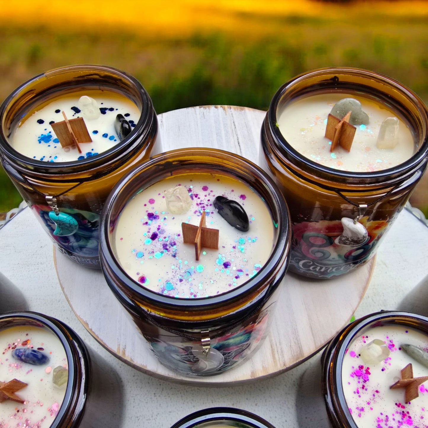 Zodiac Crystal Candle Soy Wax W/ Hidden Crystal & Moon Necklace Wooden Wick 8oz - - Candles