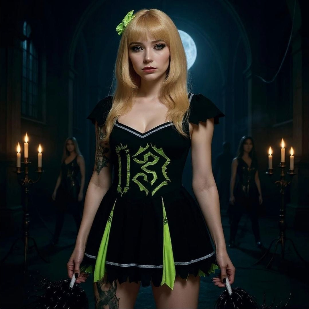 Z‑O‑M‑B‑I‑E Cheerleader Costume – Distressed Pleated Raw Hem XS