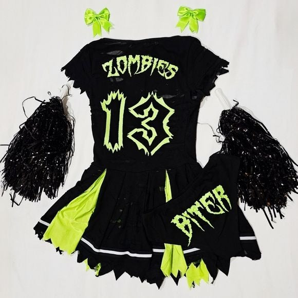 Z‑O‑M‑B‑I‑E Cheerleader Costume – Distressed Pleated Raw Hem XS