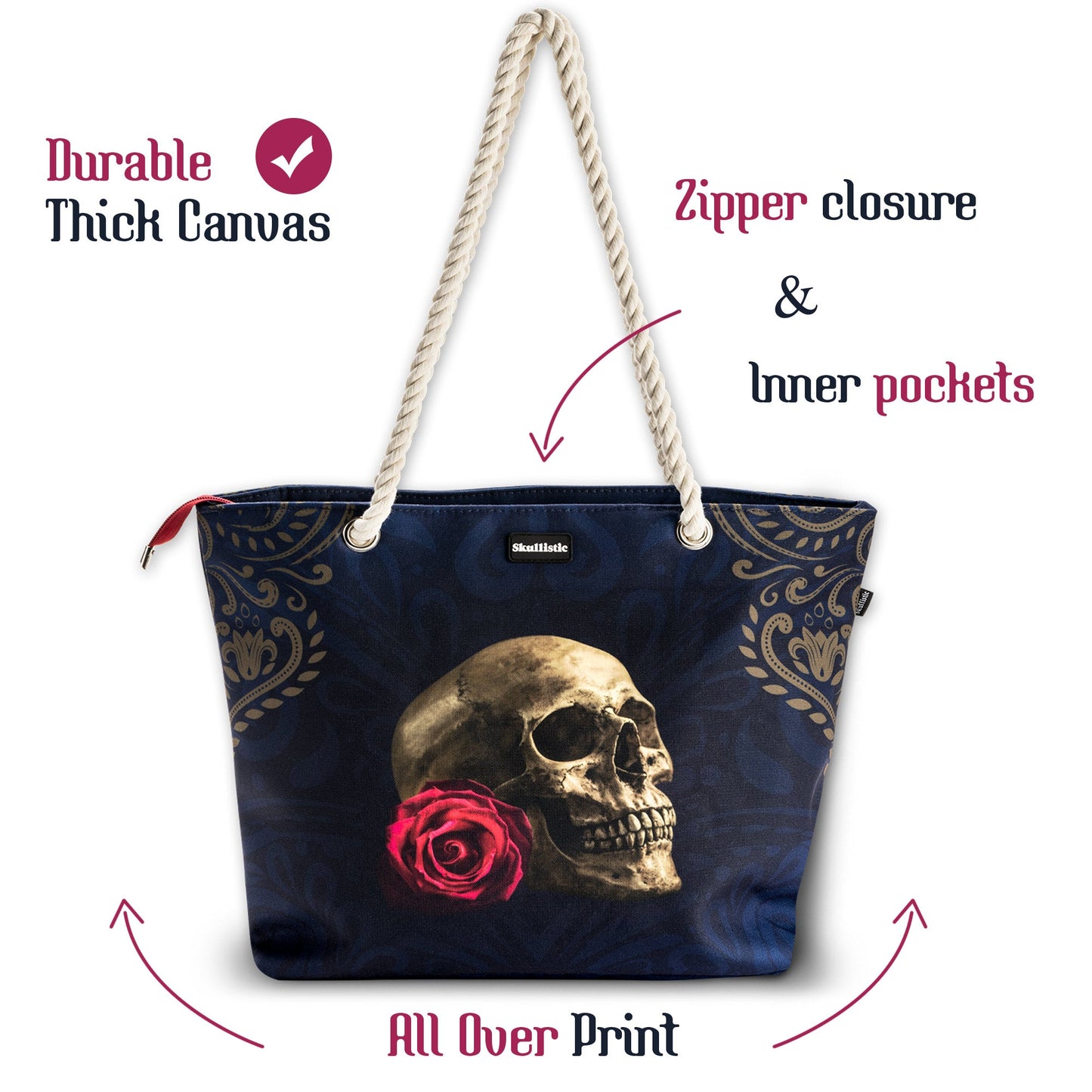 Rose Skull Navy Shoulder Beach Bag -  - Tote Bags