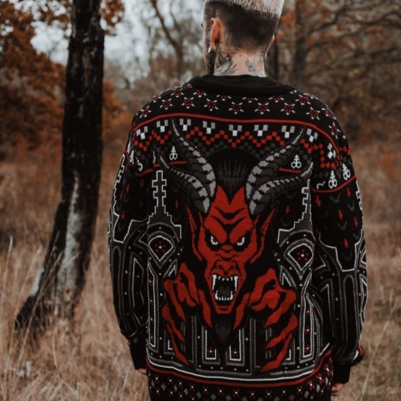 Gothic Devil On My Back Sweater Unisex Knitted Black/Red XXL -  - Sweaters