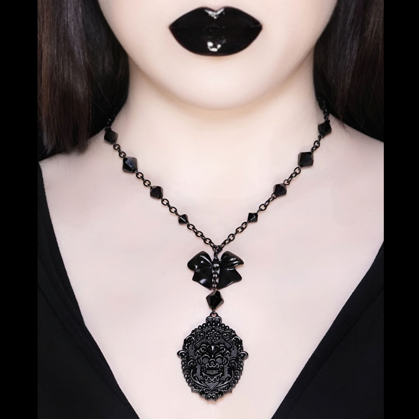 Madame Morte Black & Silver Coffin Pendant Necklace w/ Skull & Rose