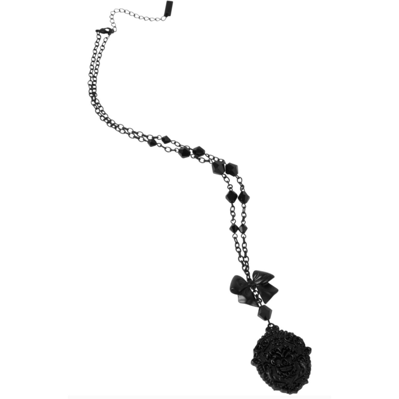 Madame Morte Black & Silver Coffin Pendant Necklace w/ Skull & Rose