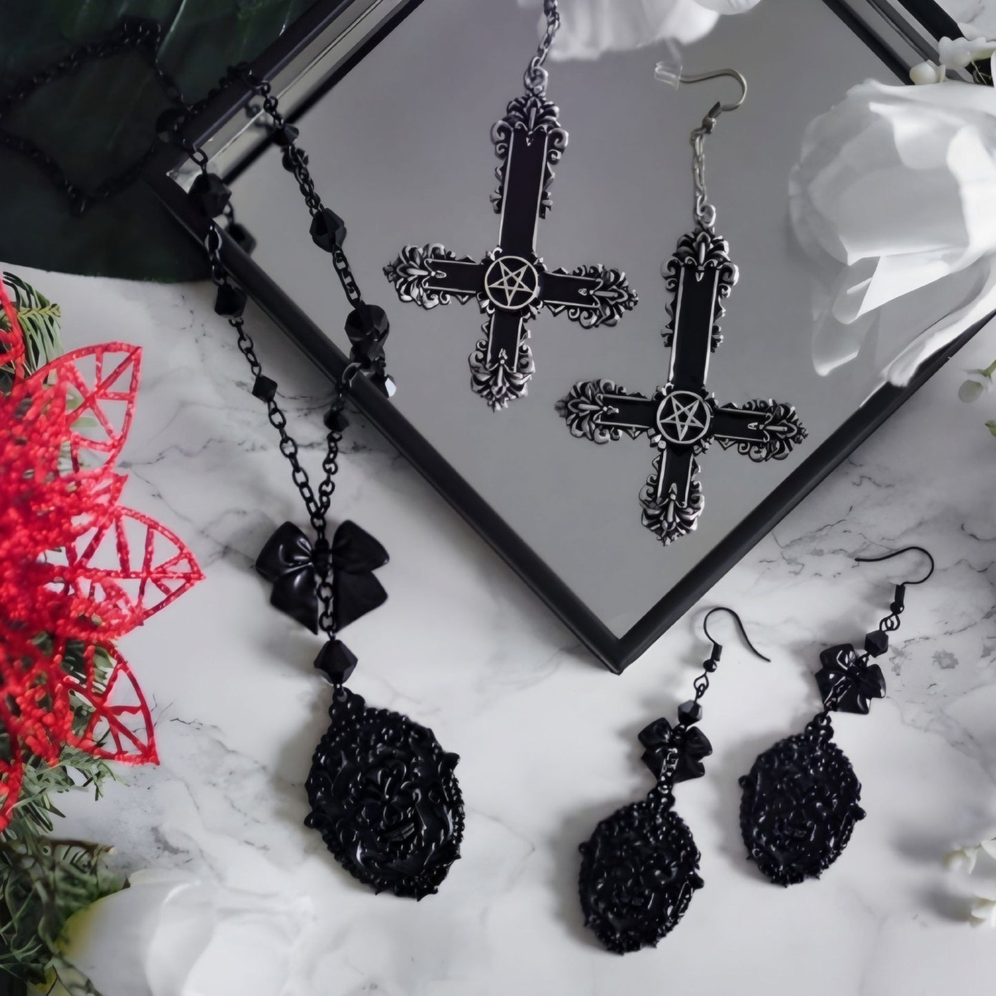 Madame Morte Black & Silver Coffin Pendant Necklace w/ Skull & Rose