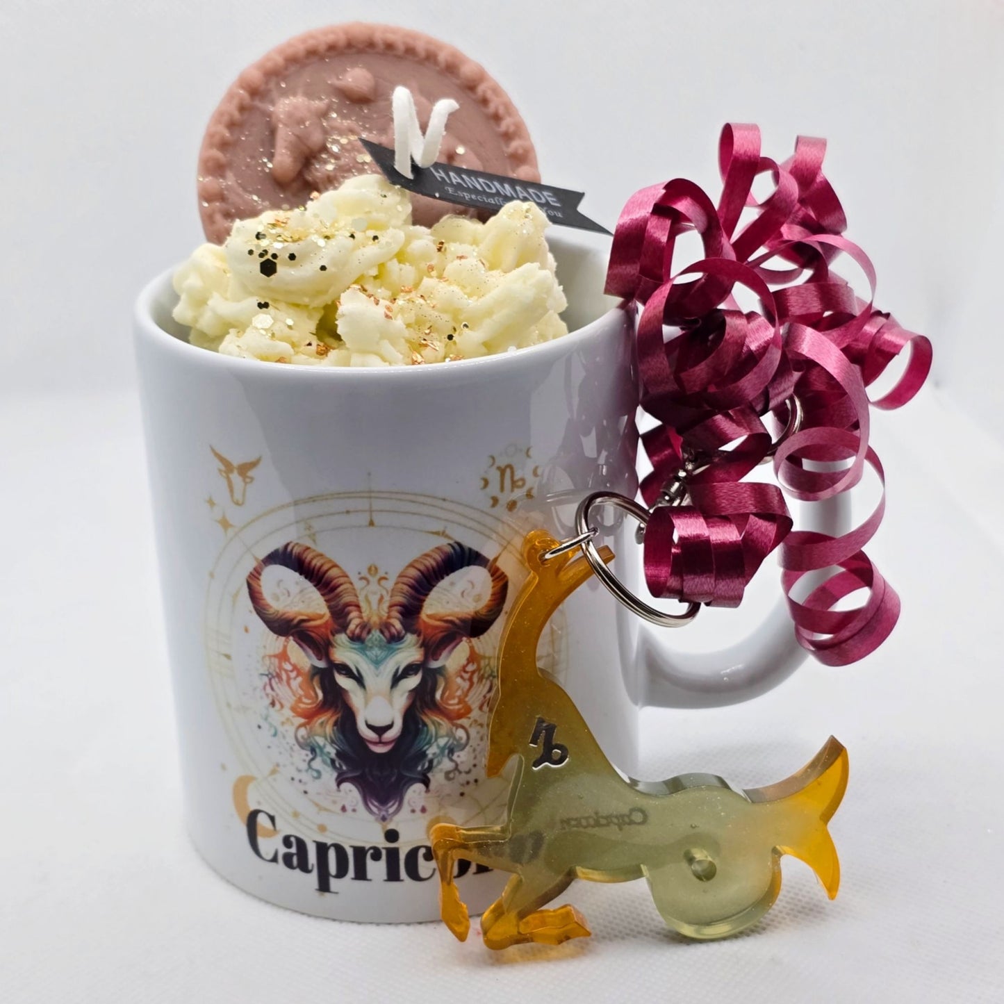 Capricorn Zodiac Candle Gift Set – 11oz Layered Mug Candle + Resin Keychain