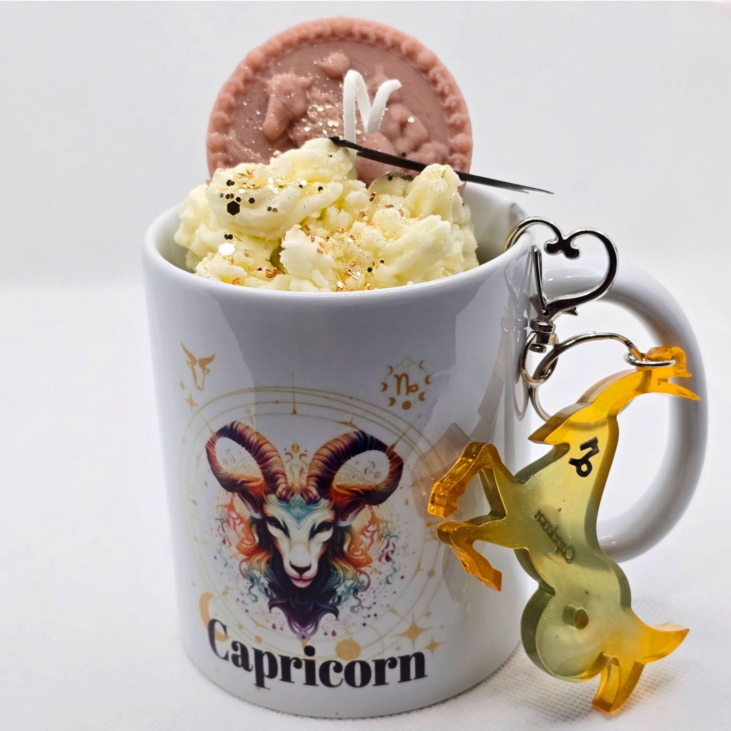 Capricorn Zodiac Candle Gift Set – 11oz Layered Mug Candle + Resin Keychain