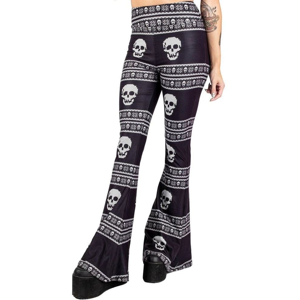 Knit Skull Pattern Hellz Bellz Flared Pants Black & White Gothic - - Flared Leg Pants