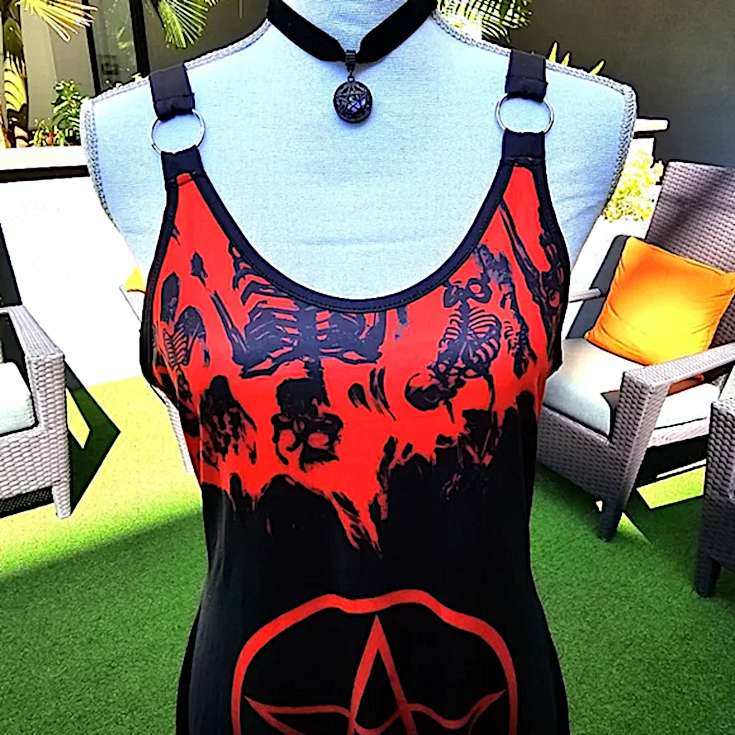 Witchy Gothic A-Line Dress | Red Black Pentacle & Skulls Graphic Design O-Rings - A Gothic Universe - Dresses