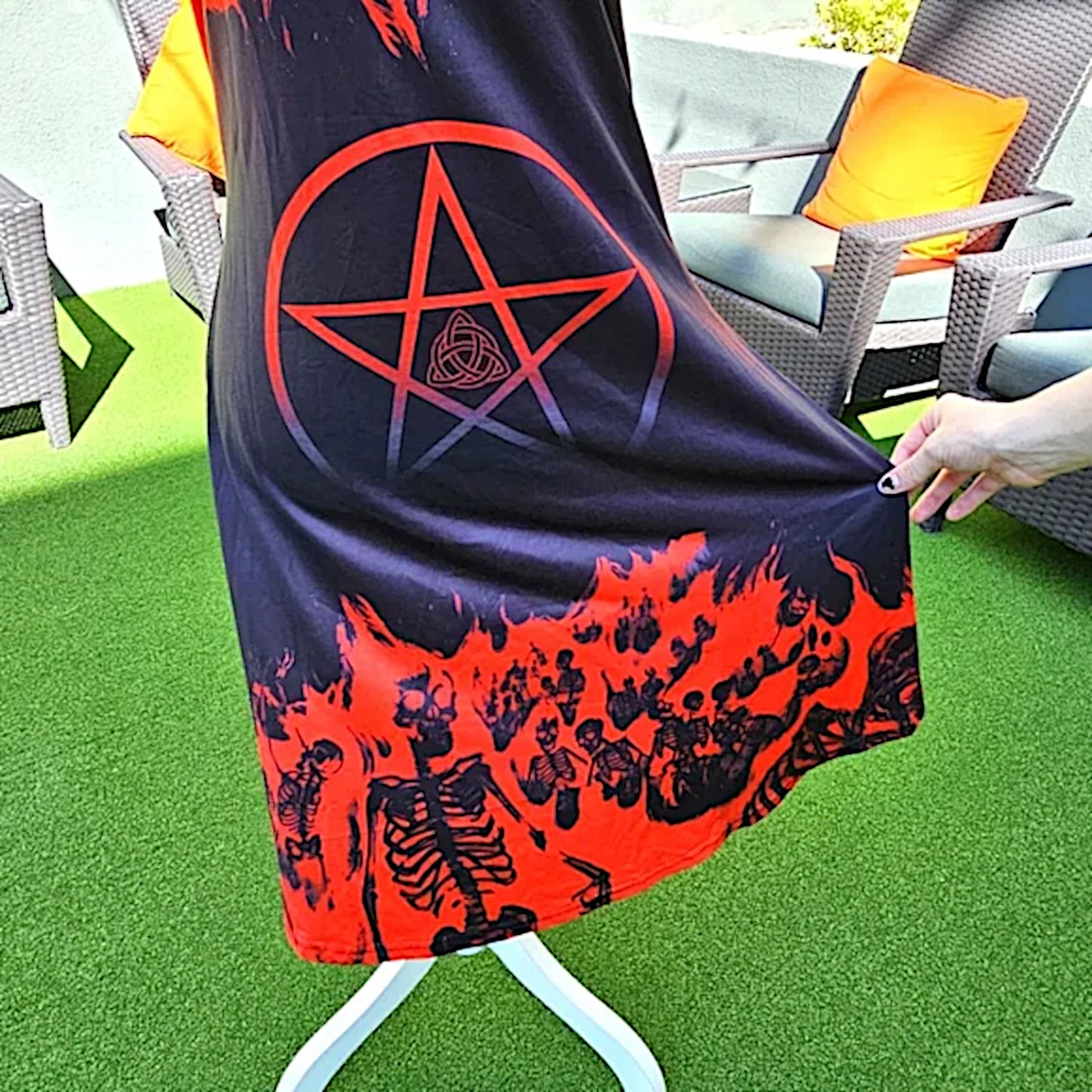 Witchy Gothic A-Line Dress | Red Black Pentacle & Skulls Graphic Design O-Rings - A Gothic Universe - Dresses