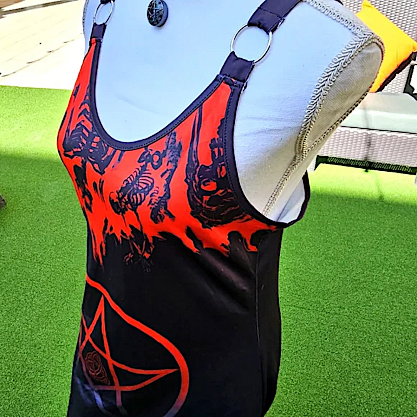 Witchy Gothic A-Line Dress | Red Black Pentacle & Skulls Graphic Design O-Rings - A Gothic Universe - Dresses