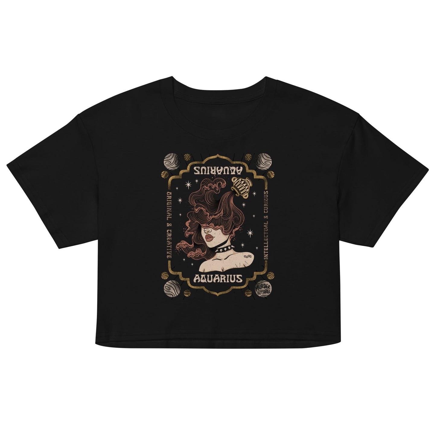 Aquarius Zodiac Crop Top - Goth T-Shirt for Night Dominance & Dark Rituals