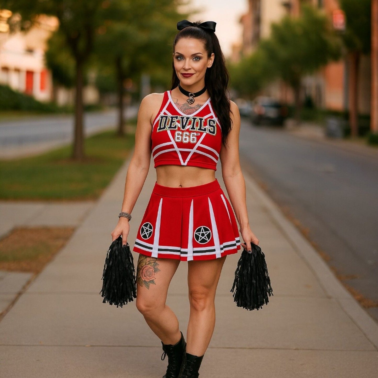 Satans Cheerleader Costume Set Red Devils 666 Top w/ Pleated Skirt & Pom Poms