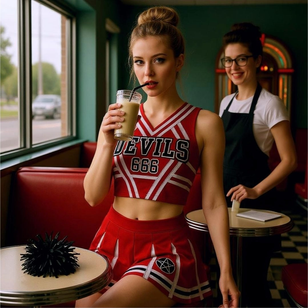 Satans Cheerleader Costume Set Red Devils 666 Top w/ Pleated Skirt & Pom Poms