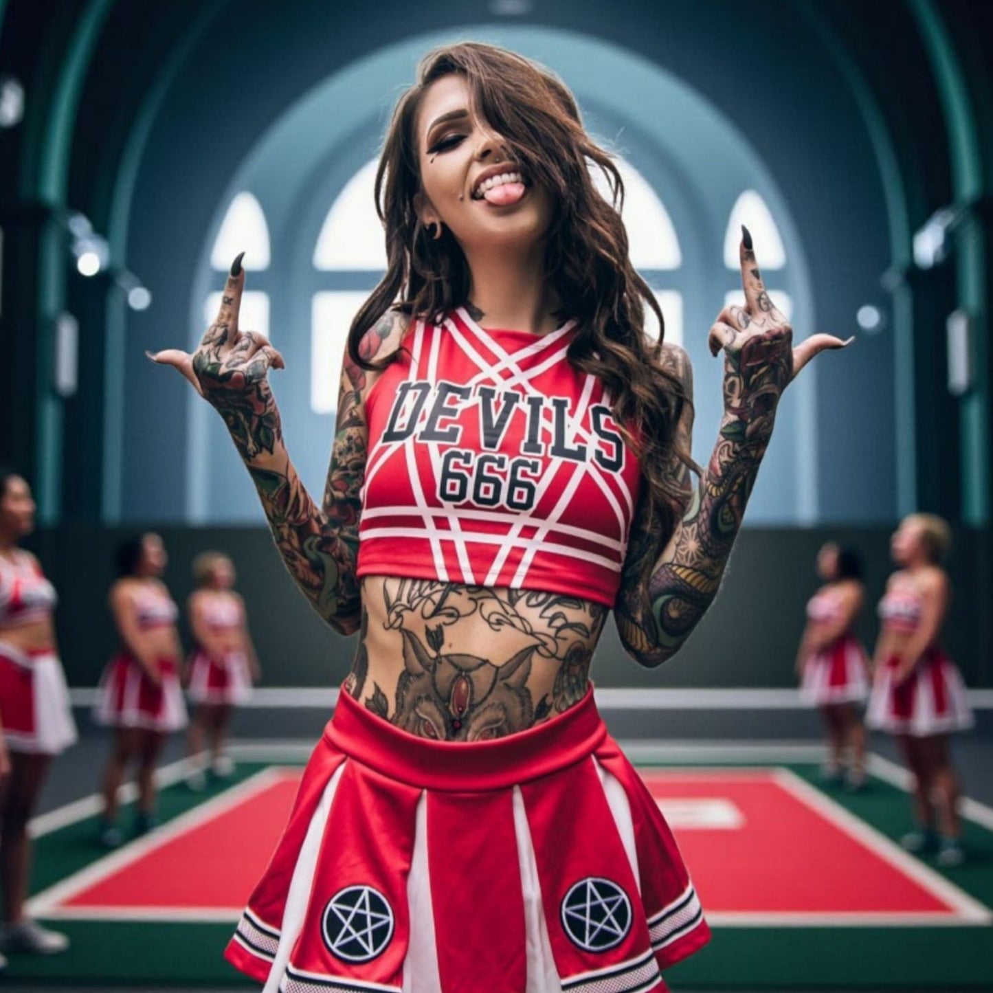 Satans Cheerleader Costume Set Red Devils 666 Top w/ Pleated Skirt & Pom Poms