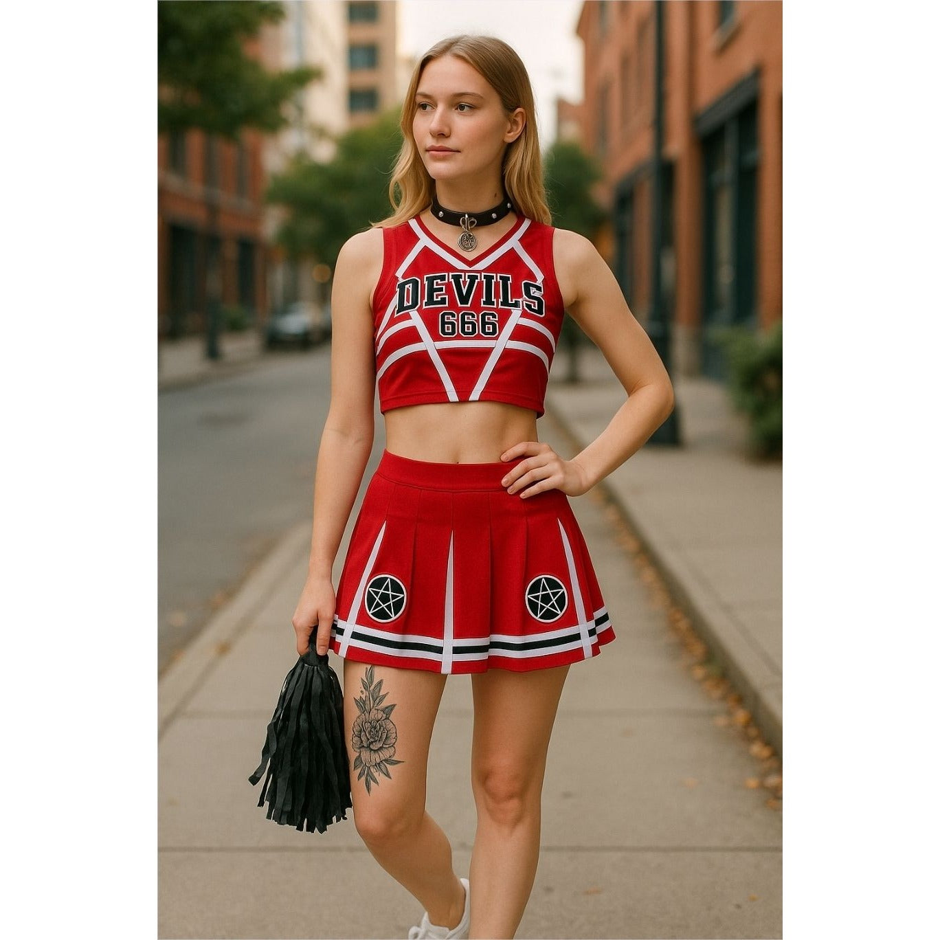 Satans Cheerleader Costume Set Red Devils 666 Top w/ Pleated Skirt & Pom Poms