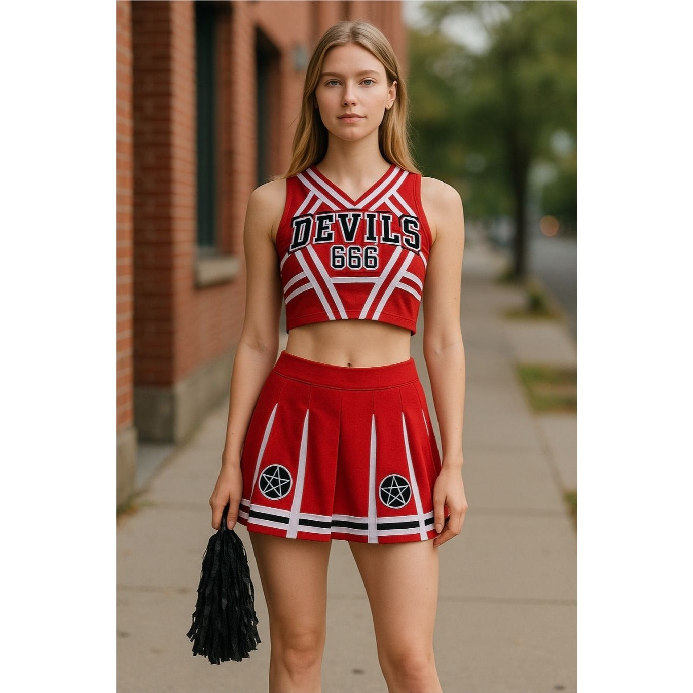 Satans Cheerleader Costume Set Red Devils 666 Top w/ Pleated Skirt & Pom Poms