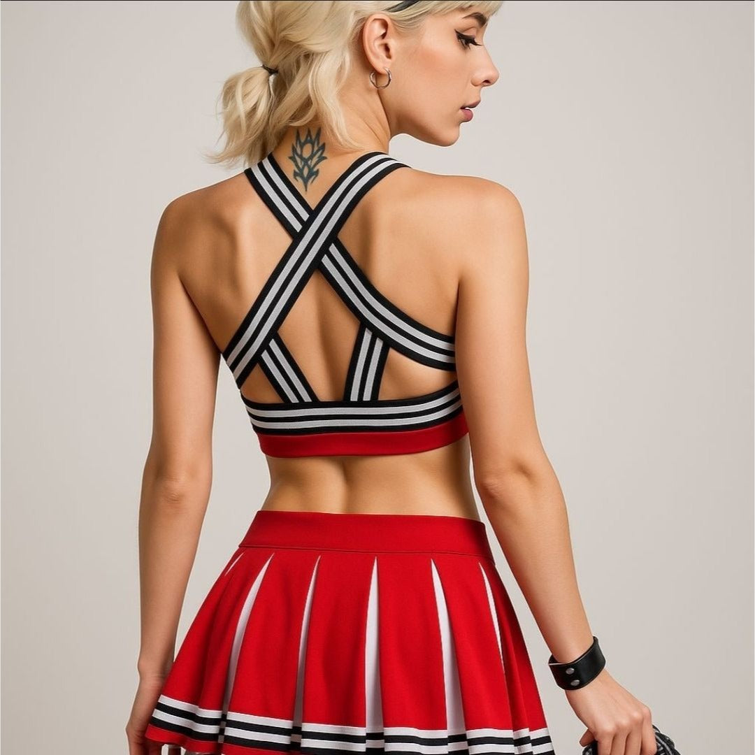 Satans Cheerleader Costume Set Red Devils 666 Top w/ Pleated Skirt & Pom Poms