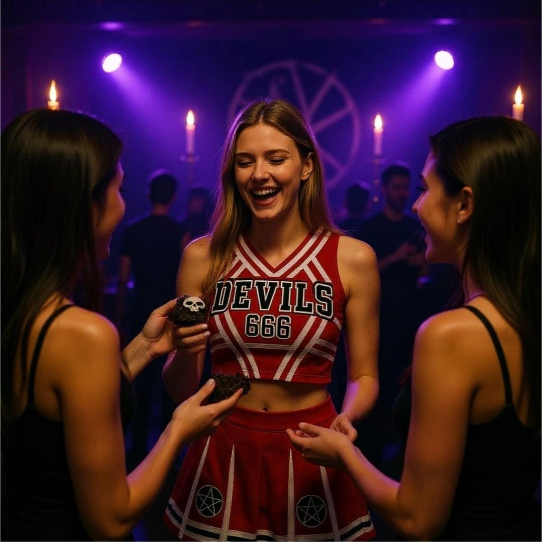 Satans Cheerleader Costume Set Red Devils 666 Top w/ Pleated Skirt & Pom Poms