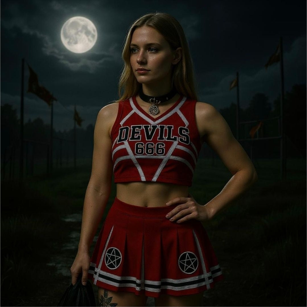 Satans Cheerleader Costume Set Red Devils 666 Top w/ Pleated Skirt & Pom Poms