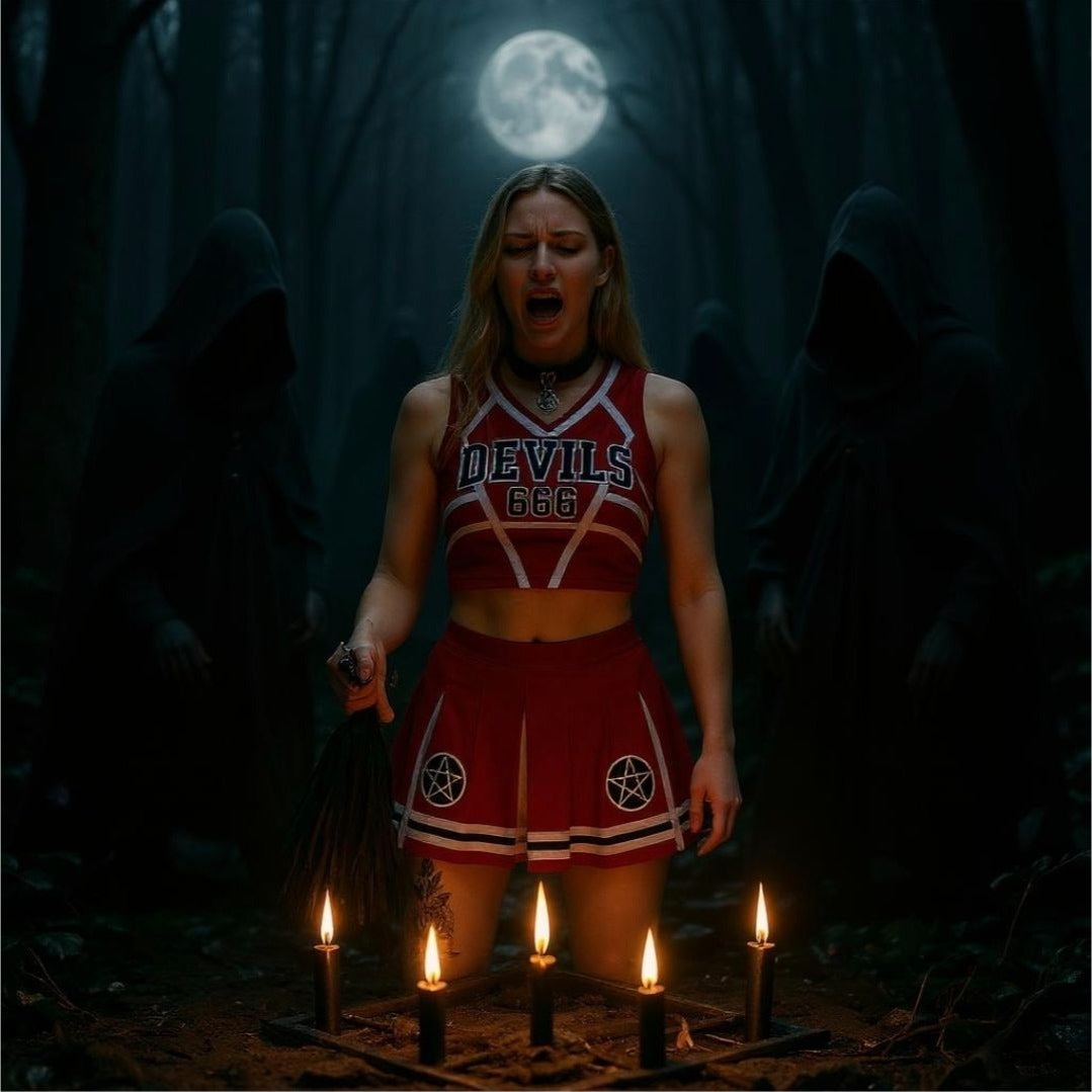 Satans Cheerleader Costume Set Red Devils 666 Top w/ Pleated Skirt & Pom Poms