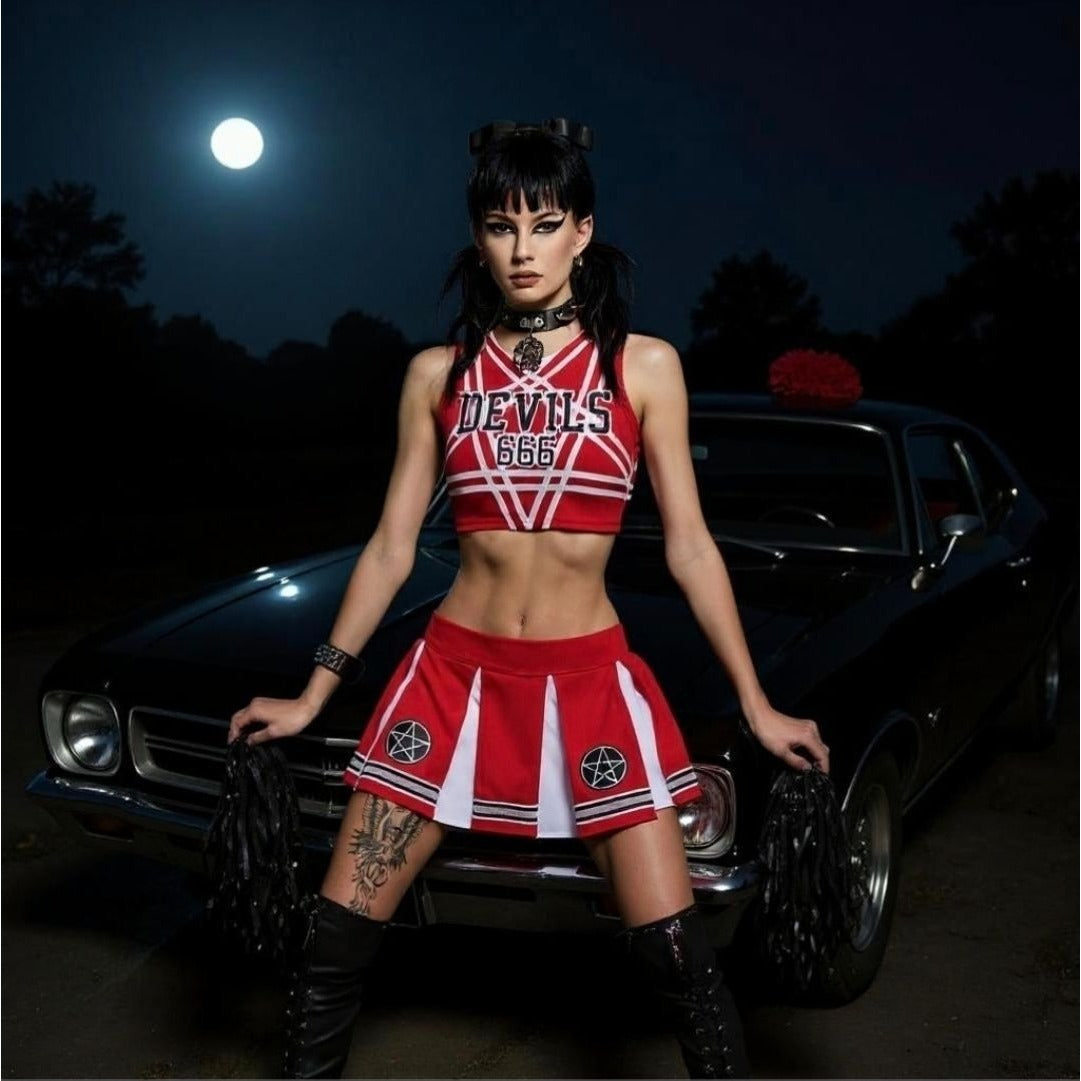 Satans Cheerleader Costume Set Red Devils 666 Top w/ Pleated Skirt & Pom Poms