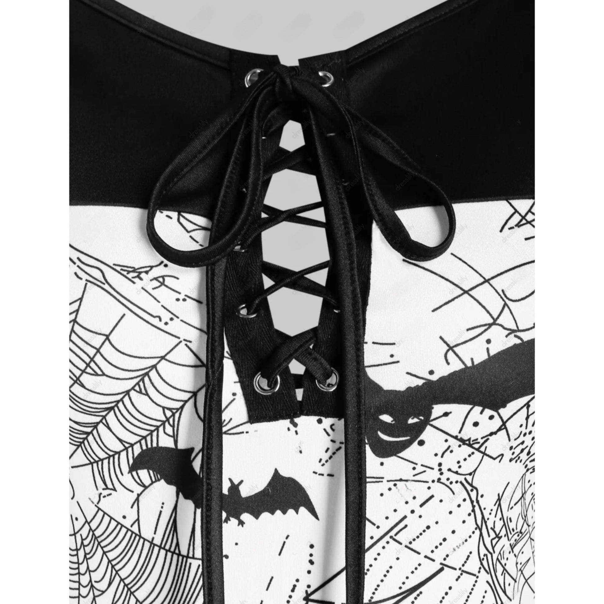 Pumpkin Bat Spider Web Print Lace-Up Long Sleeve Dress - A Gothic Universe - Dresses