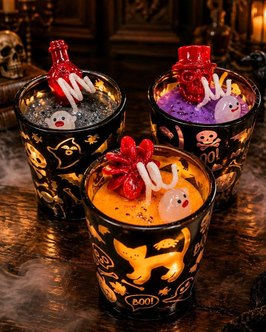 Artisan One Moon Flame Ghouls Night Out Halloween Pumpkin Shot Glass Candle Set