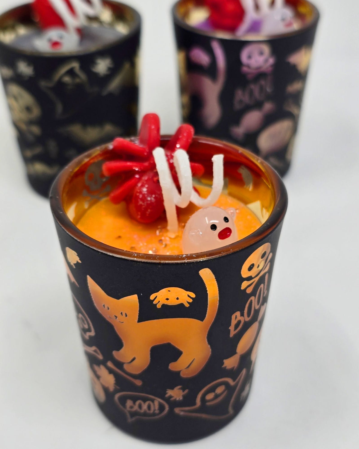 Artisan One Moon Flame Ghouls Night Out Halloween Pumpkin Shot Glass Candle Set