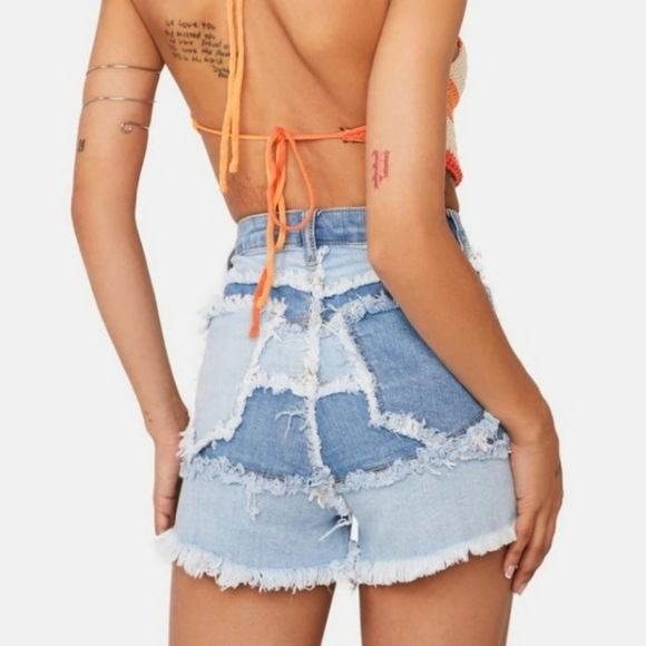 Soul Happy Patchwork Denim Shorts | High Waisted Frayed Hems - American Bazi - Jean Shorts