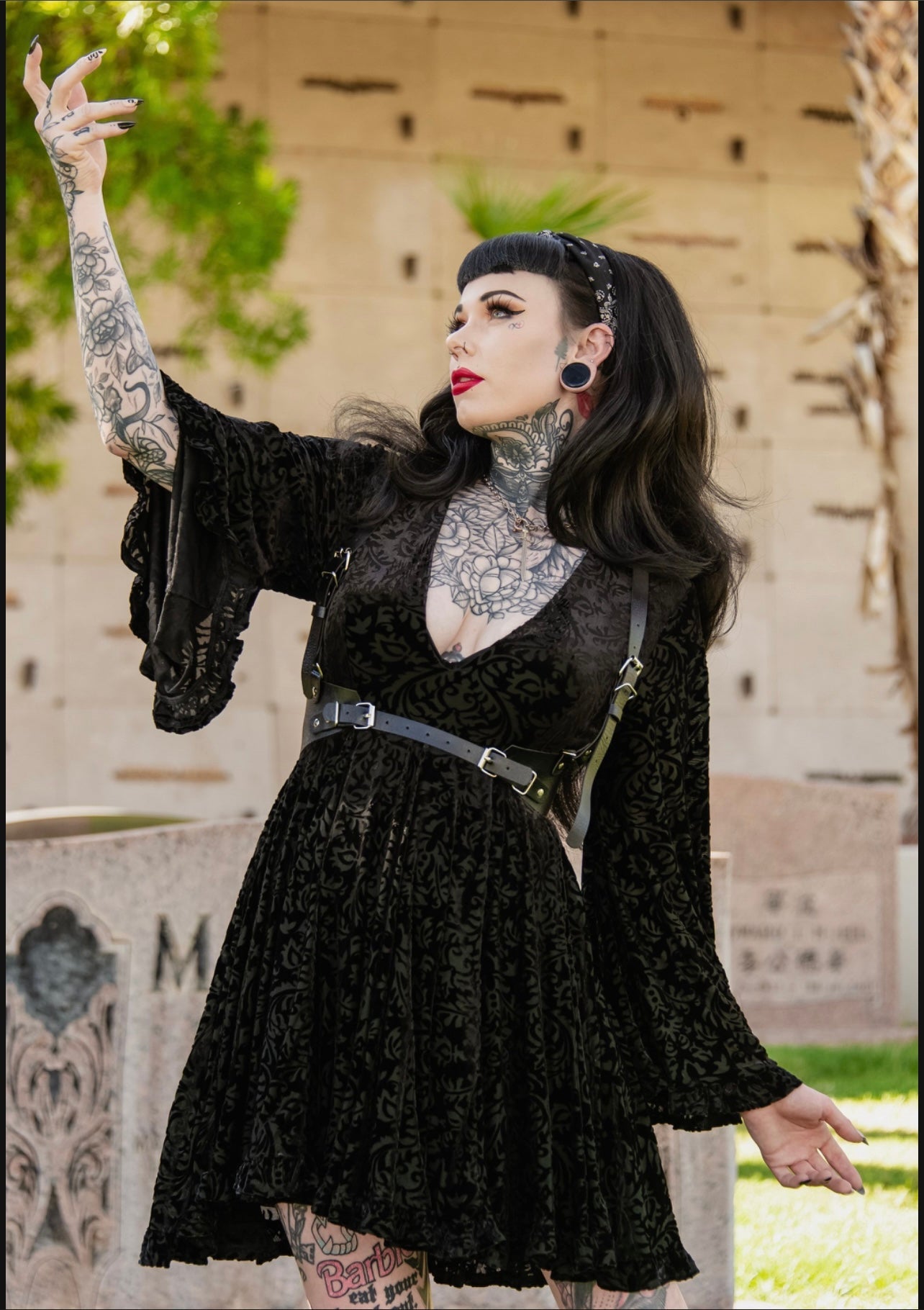 Nyx - Bell Sleeved Velvet Damask Dress with Harness - READY TO SHIP! -  - 
