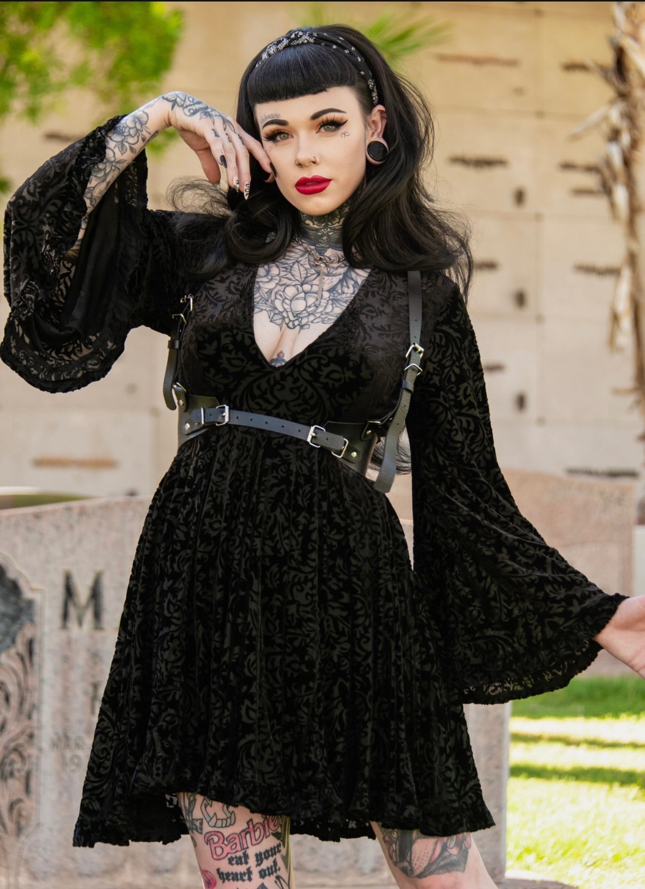 Nyx - Bell Sleeved Velvet Damask Dress with Harness - READY TO SHIP! -  - 