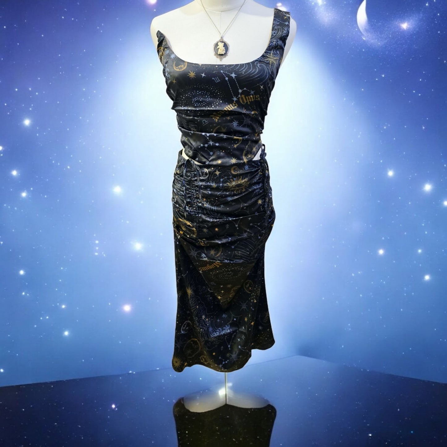 Starry Night Midi Skirt Set One Shoulder Bustier Cinching Side Zips -  - Skirt Set