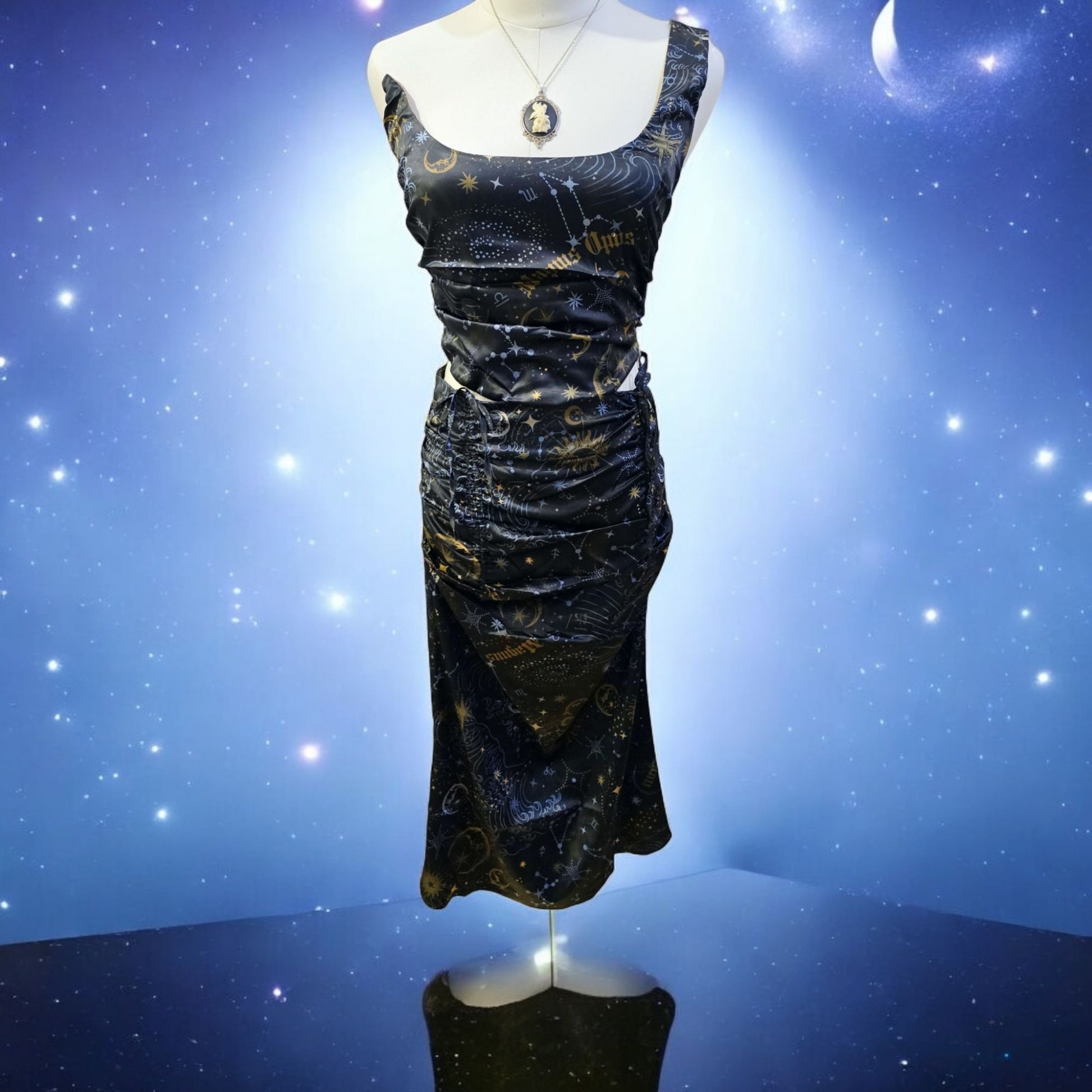 Starry Night Midi Skirt Set One Shoulder Bustier Cinching Side Zips -  - Skirt Set