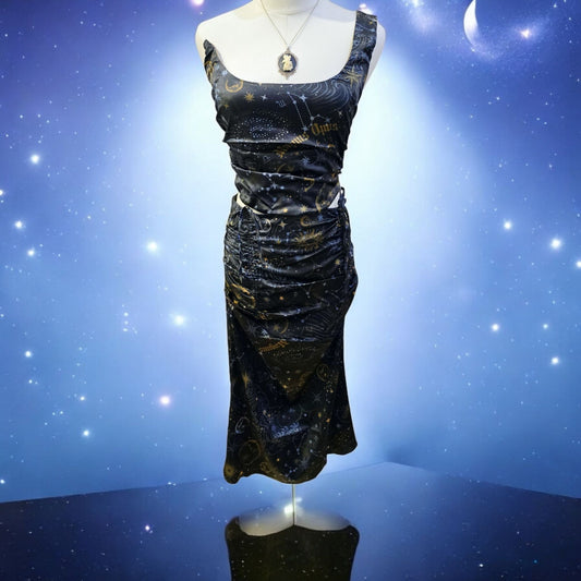 Starry Night Midi Skirt Set One Shoulder Bustier Cinching Side Zips -  - Skirt Set