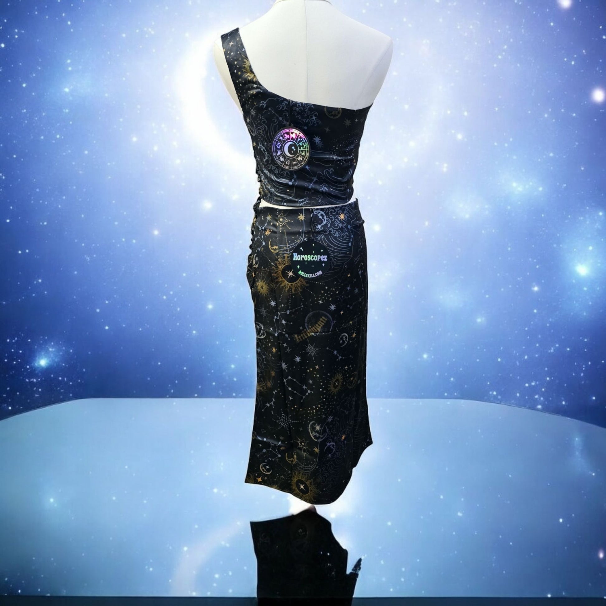 Starry Night Midi Skirt Set One Shoulder Bustier Cinching Side Zips -  - Skirt Set