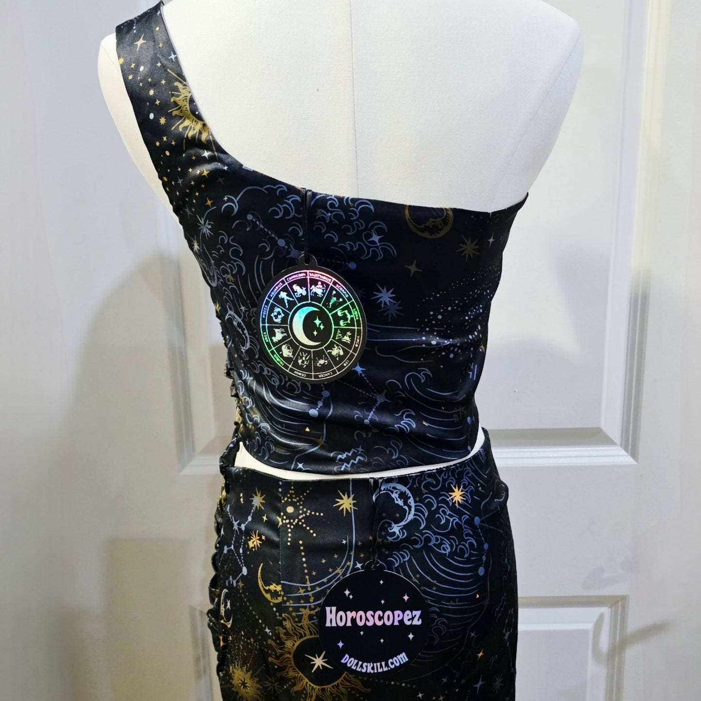 Starry Night Midi Skirt Set One Shoulder Bustier Cinching Side Zips -  - Skirt Set