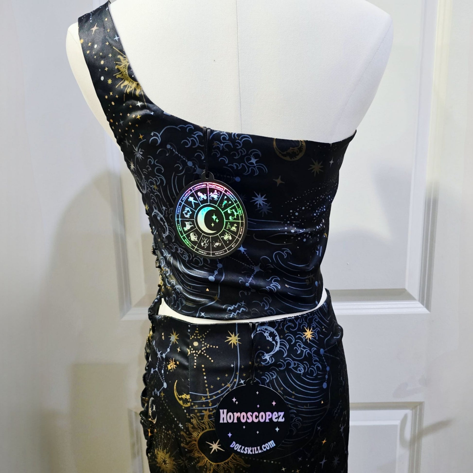 Starry Night Midi Skirt Set One Shoulder Bustier Cinching Side Zips -  - Skirt Set