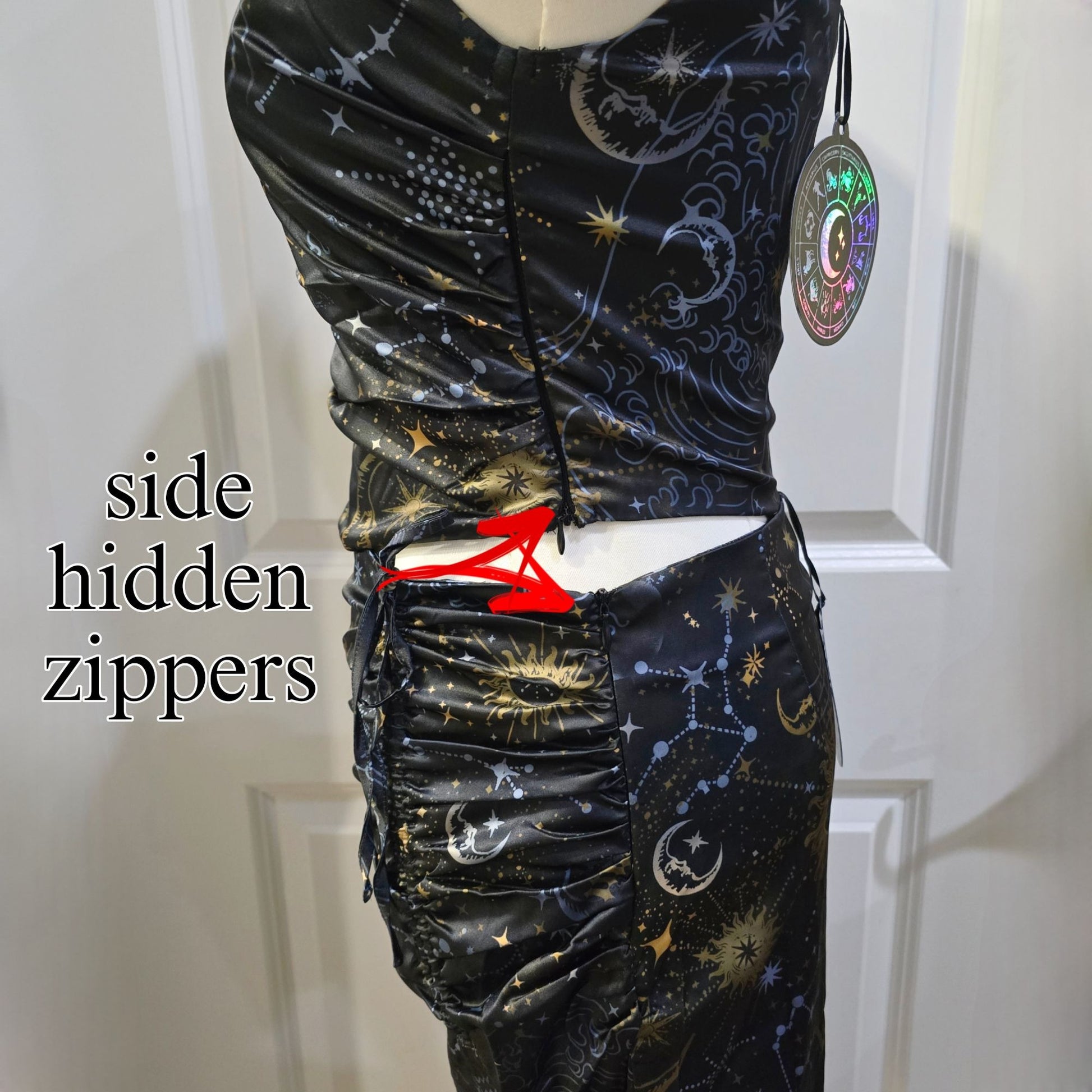 Starry Night Midi Skirt Set One Shoulder Bustier Cinching Side Zips -  - Skirt Set