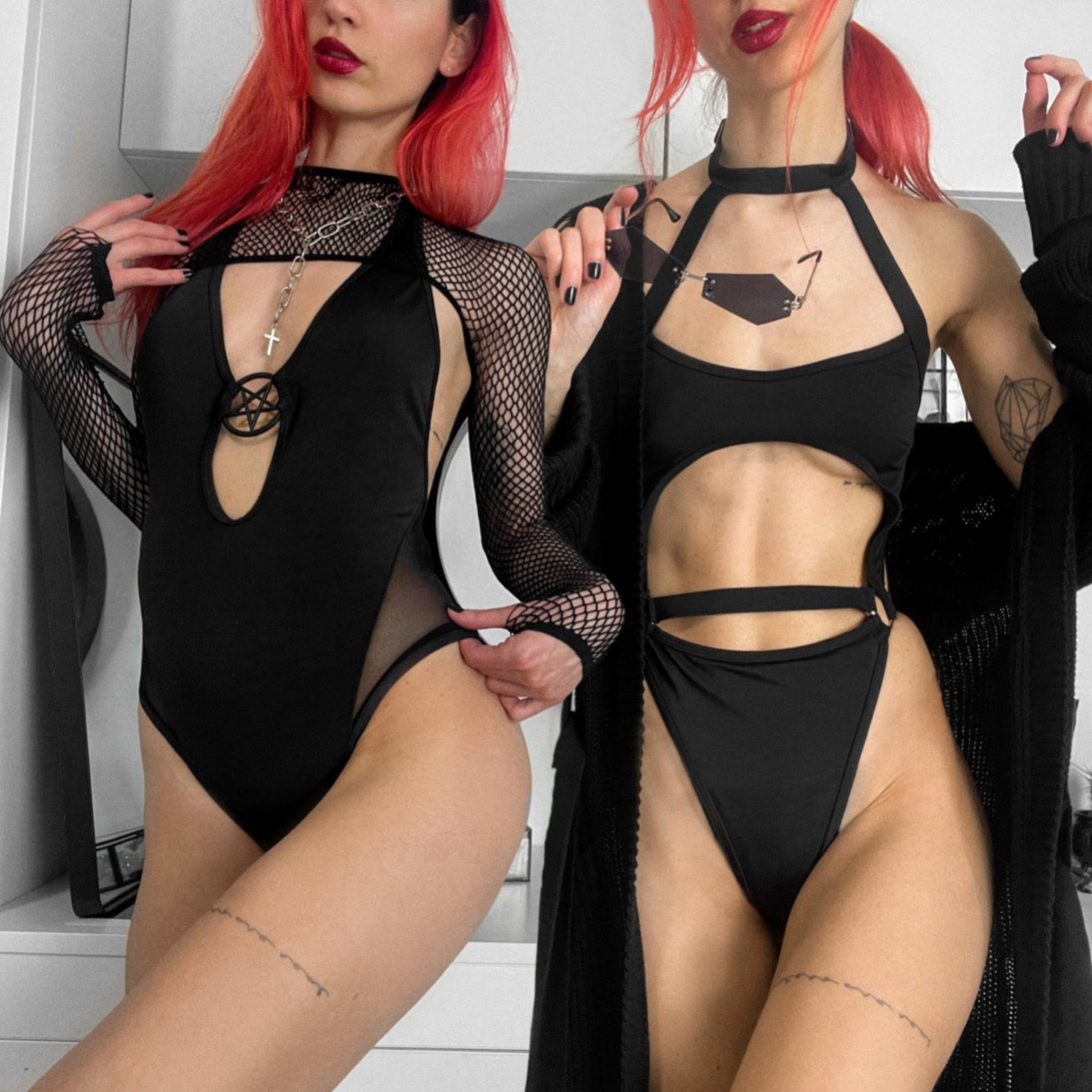Dark Lyfe One Piece Swimsuit | Black Mesh Inserts Pentagram Detail - Killstar - Swimwear