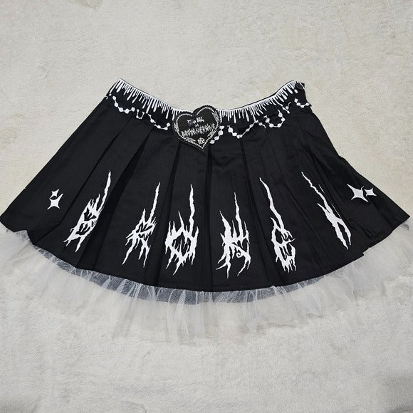 Damaged Damsel Pleated Skirt | Black & White High Waist Pleated - Broken Brainz - Mini Skirts