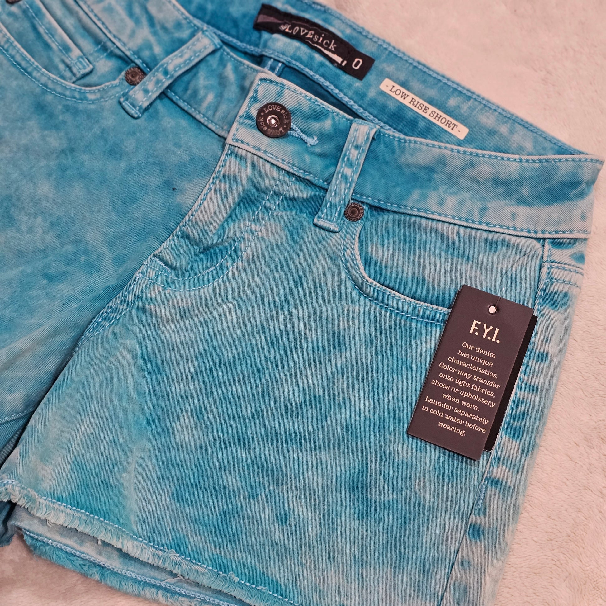 Turquoise Acid Wash Jean Shorts | Skull Rivets Low Rise Raw Hem - Lovesick - Shorts