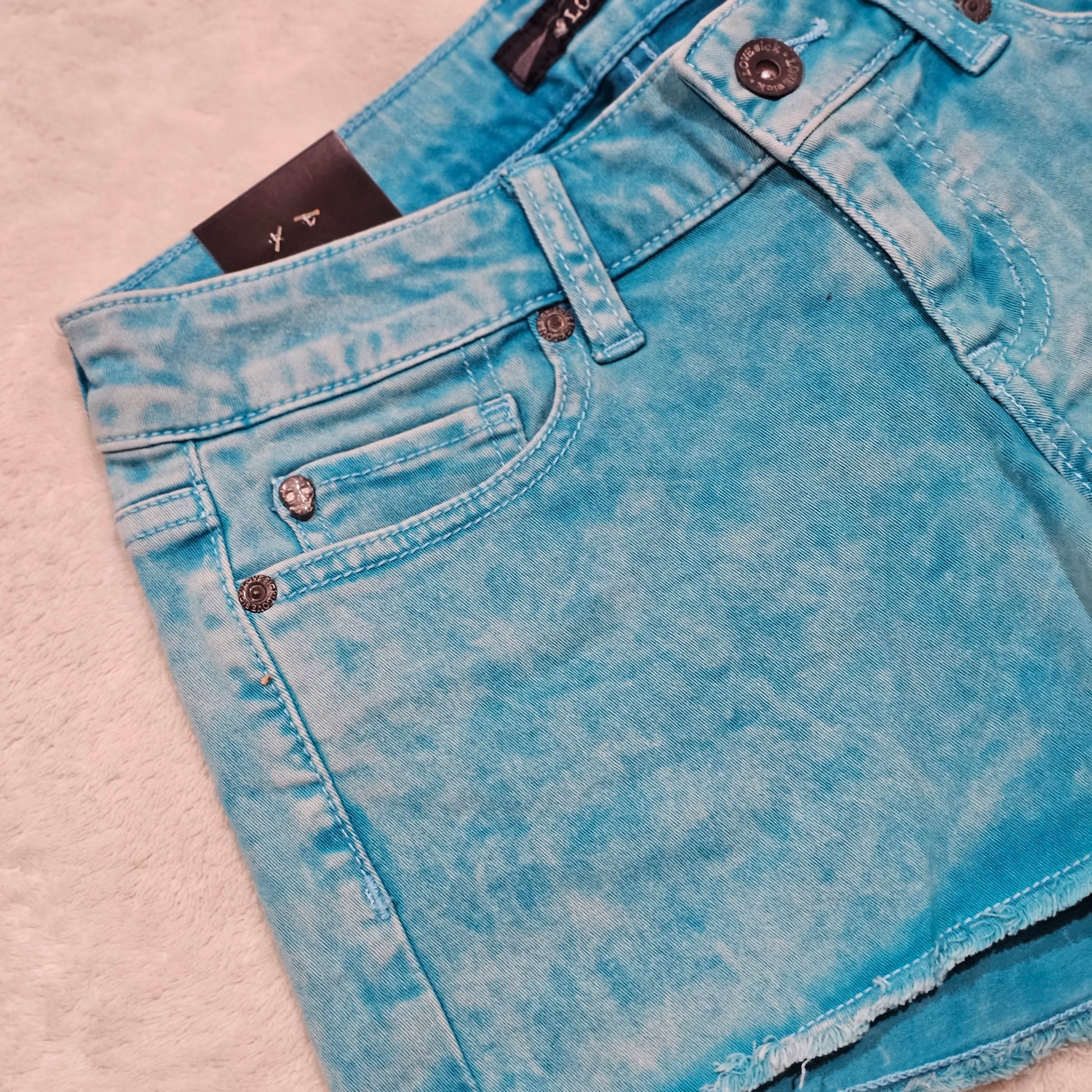 Turquoise Acid Wash Jean Shorts | Skull Rivets Low Rise Raw Hem - Lovesick - Shorts