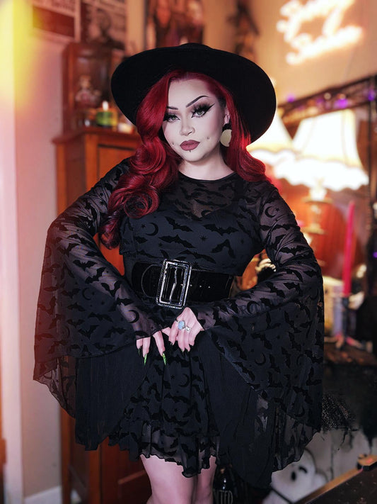 Dracuella Velvet Bat Mini Dress - Gothic Witch Dress - Bell Sleeve Witchy Dress