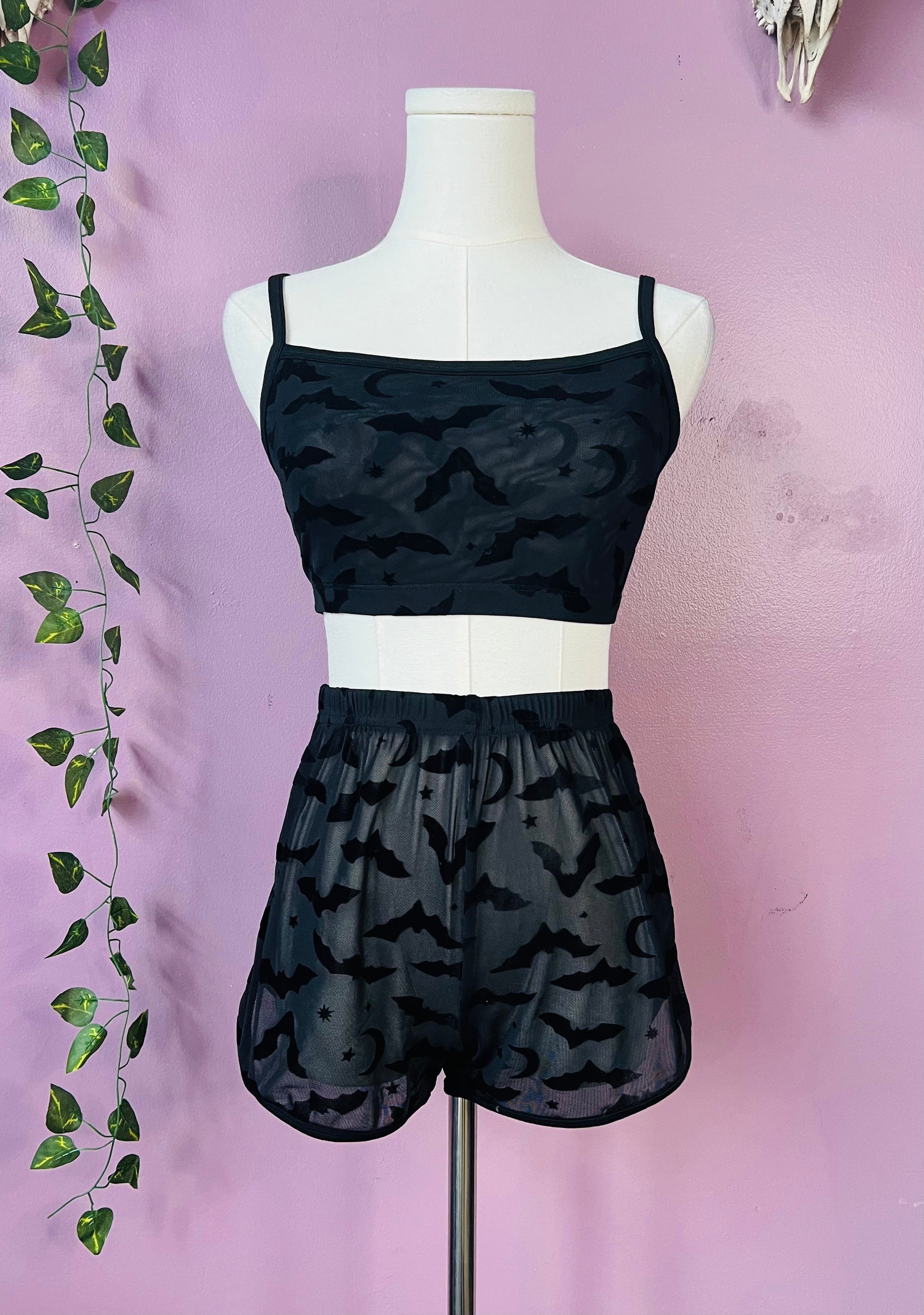 The Sinister Set - BATS - Sheer Velvet Flocked Bat Bra & Shorts Set - READY To SHIP -  - 