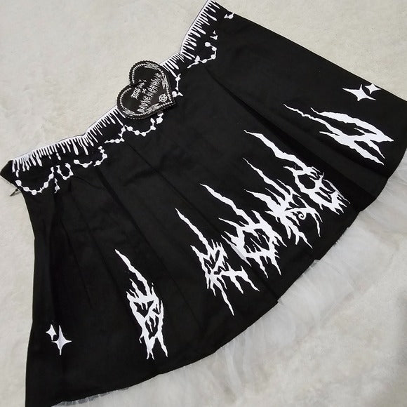 Damaged Damsel Pleated Skirt | Black & White High Waist Pleated - Broken Brainz - Mini Skirts